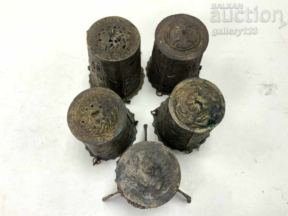 Lot - 5 pieces of old home bronze oil lamps