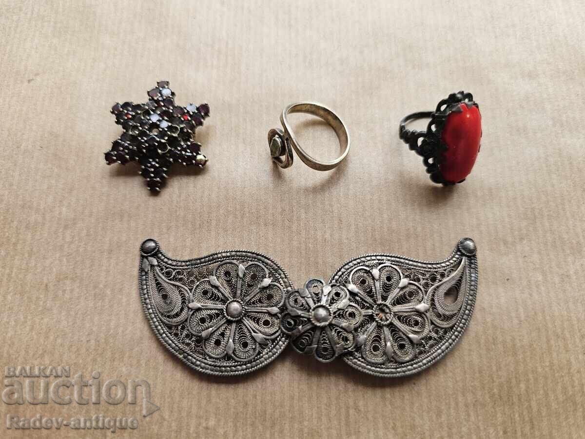 LOT SILVER Filigree buckles brooch with garnets two rings with price 36.00 BGN | € 18.41 LOT SILVER Filigree buckles brooch with garnets two rings with price 36.00 BGN | € 18.41