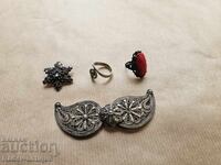 LOT SILVER Filigree buckles brooch with garnets two rings