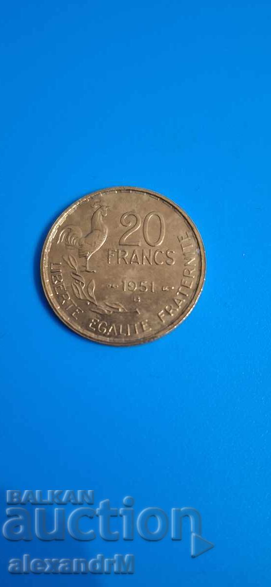 20 франка 1951 Франция Четвърта република.