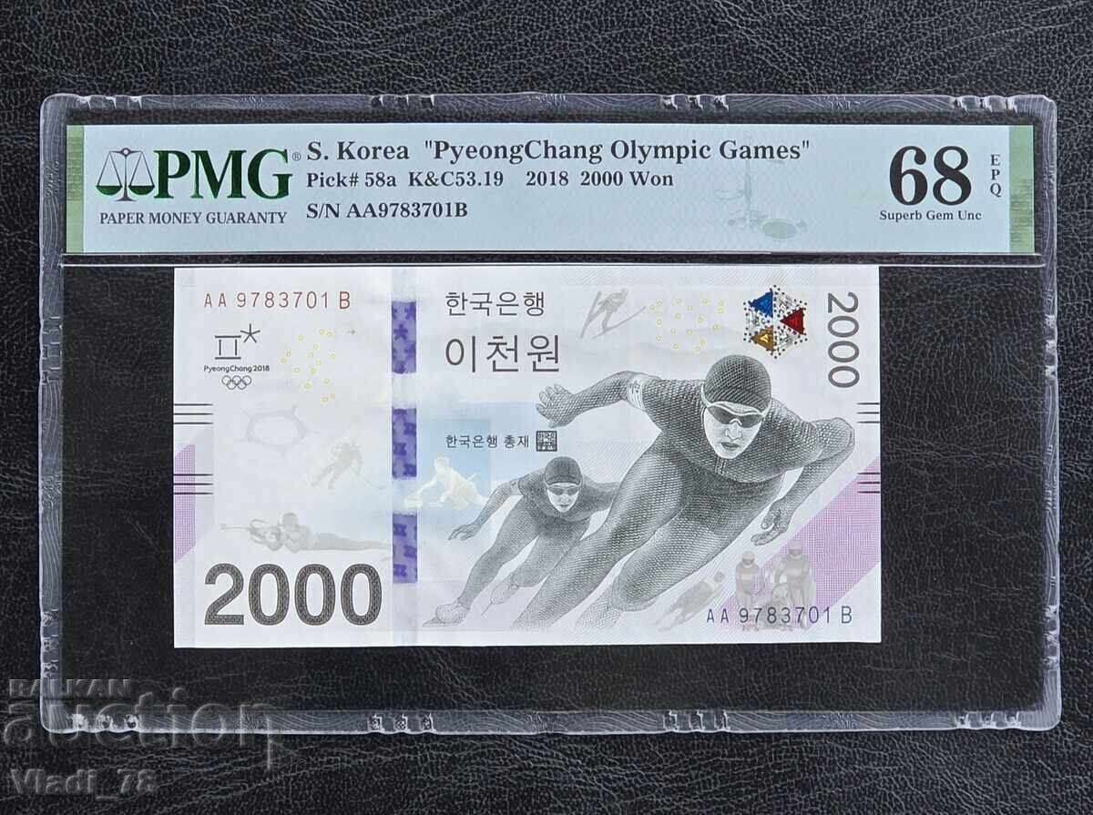 2000 Вон Южна Корея 2018 UNC PMG 68 EPQ
