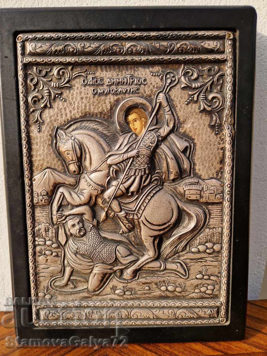 Παράδοση Υπέροχη αντίκα ασημένια εικόνα Αγίου Δημητρίου