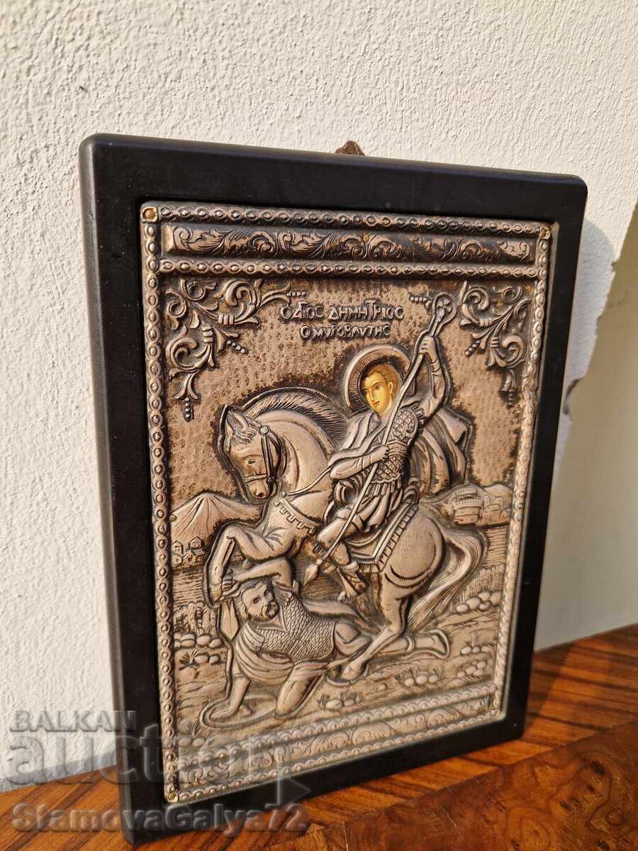 Υπέροχη αντίκα ασημένια εικόνα Αγίου Δημητρίου - 5