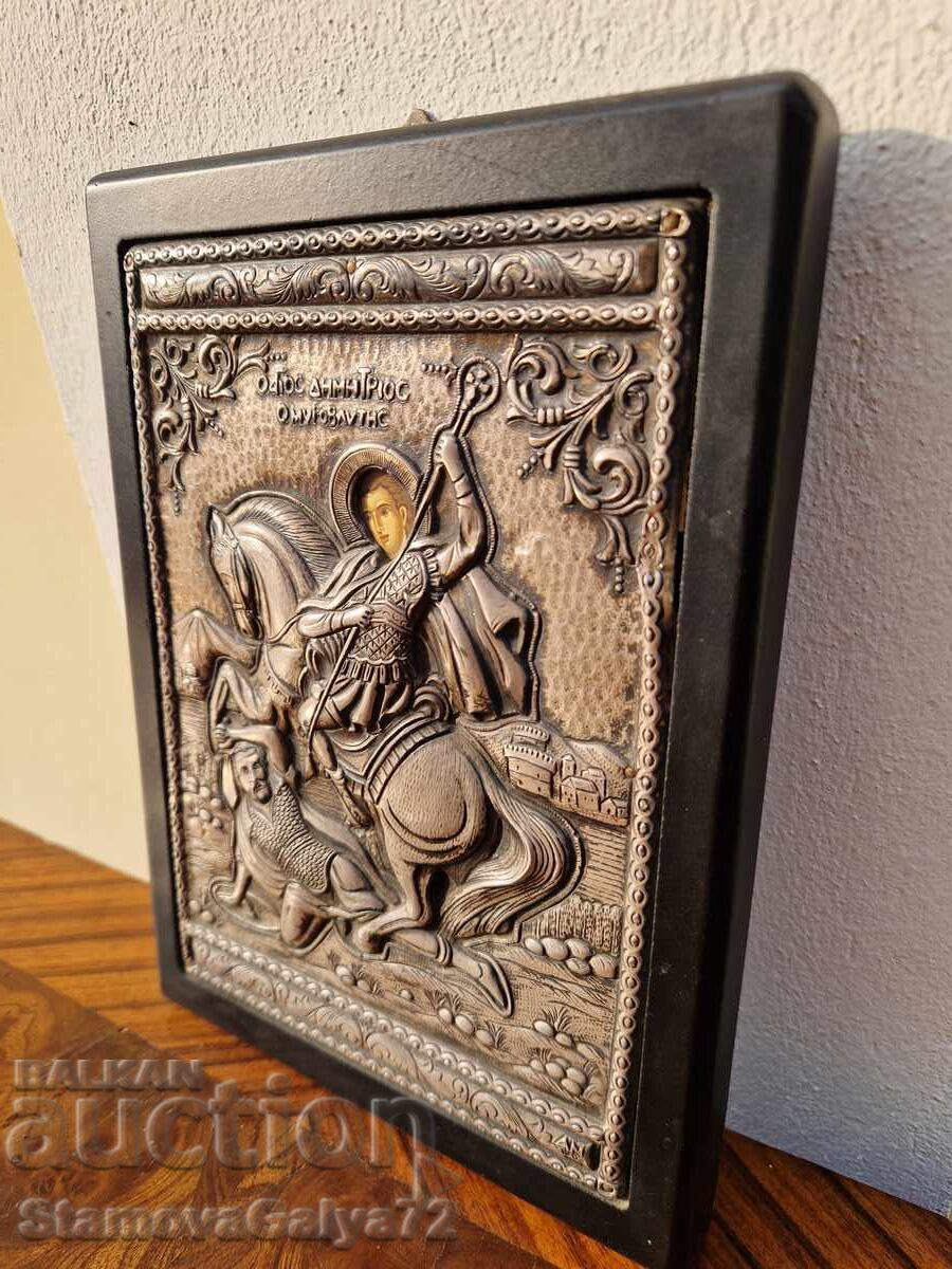 Υπέροχη αντίκα ασημένια εικόνα Αγίου Δημητρίου - 6