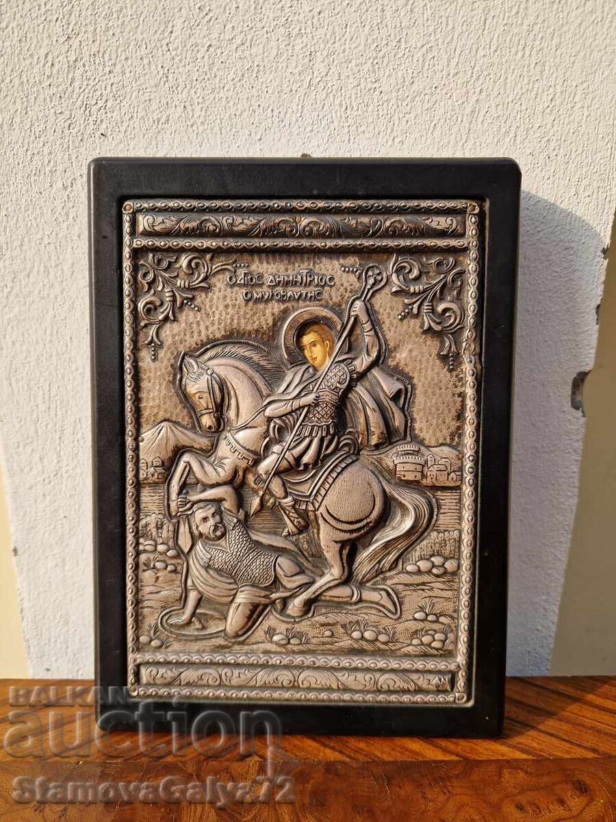 Υπέροχη αντίκα ασημένια εικόνα Αγίου Δημητρίου