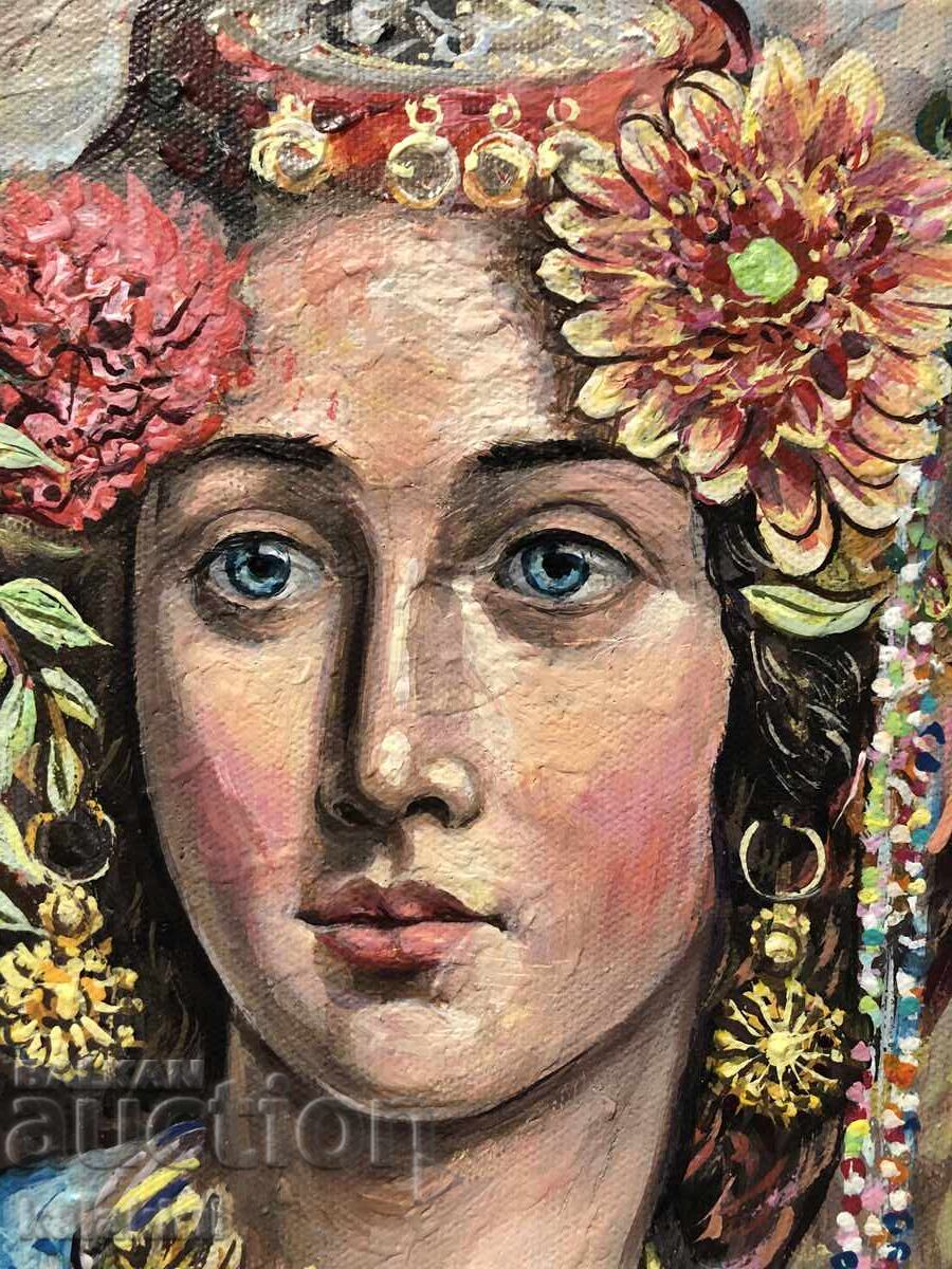 A Bulgarian woman with carnation and gerbera with price 1200.00 BGN | € 613.55