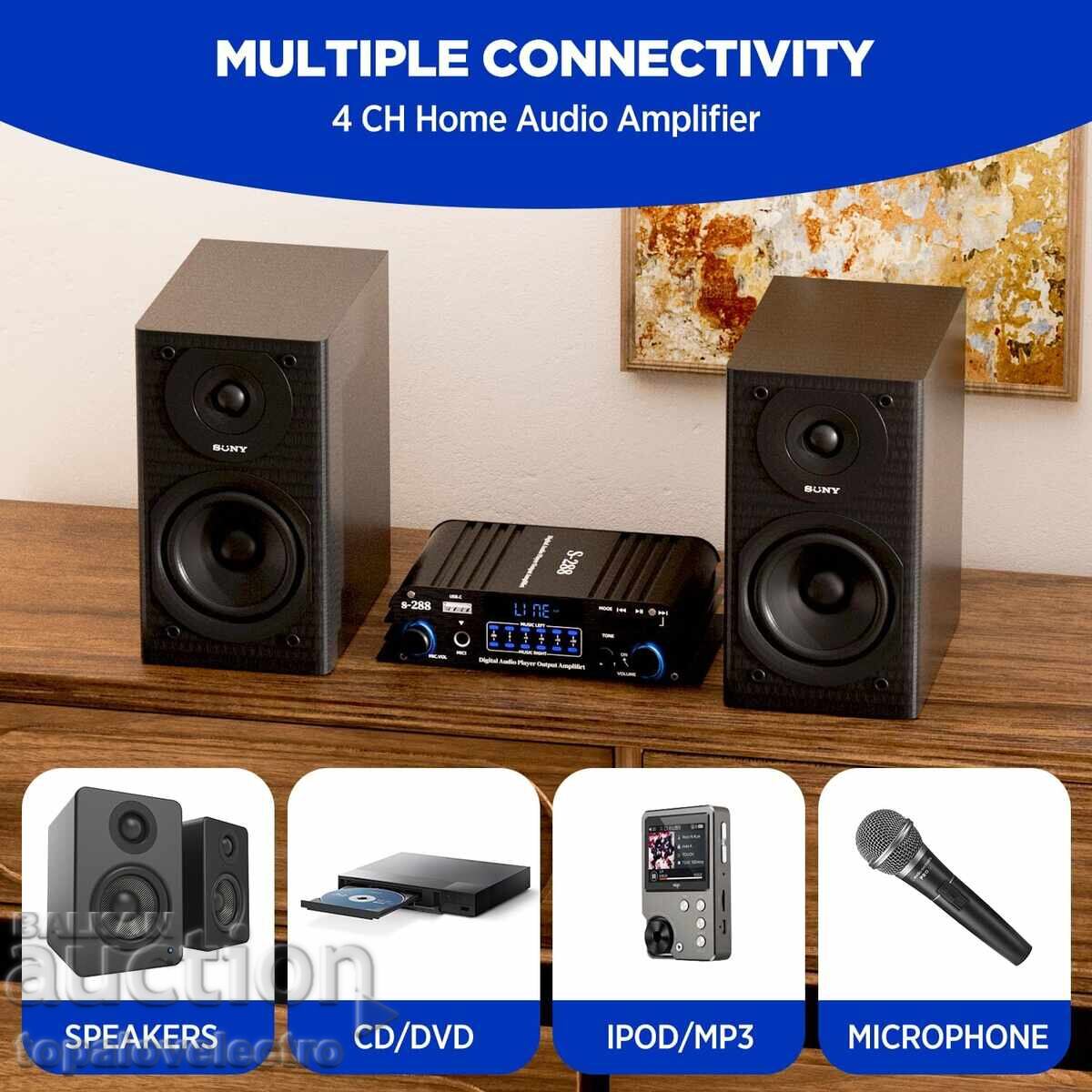 NEW! 4.1-Channel Mini HiFi Stereo Amplifier 1200W, Bluetooth with price 54.00 BGN | € 27.61