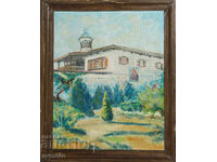 Old oil painting landscape monastery