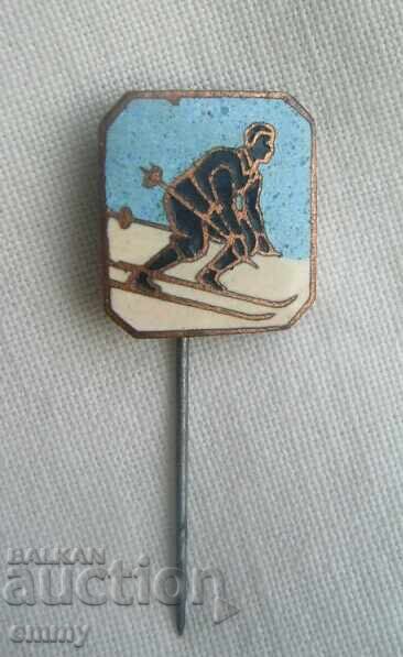 Царство България стара значка, знак - ски, скиор. Емайл