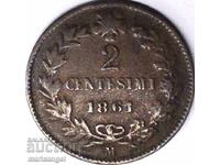 Италия 2 чентесими 1861 М - Милан медна
