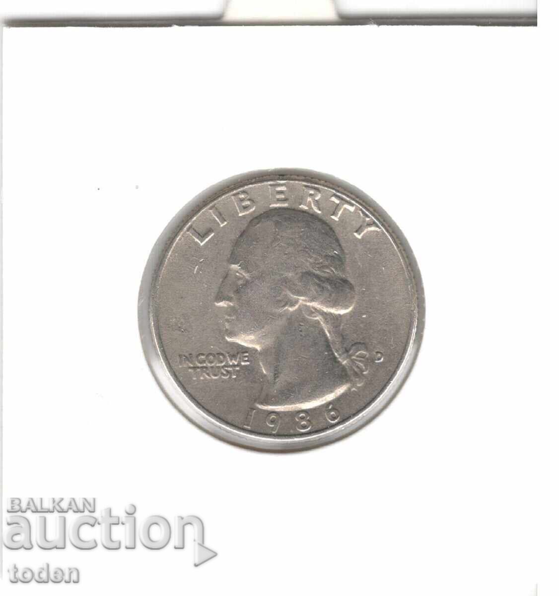 Livrarea Statele Unite - ¼ Dolar - 1986 D - KM# 164a - "Washington Quarter"
