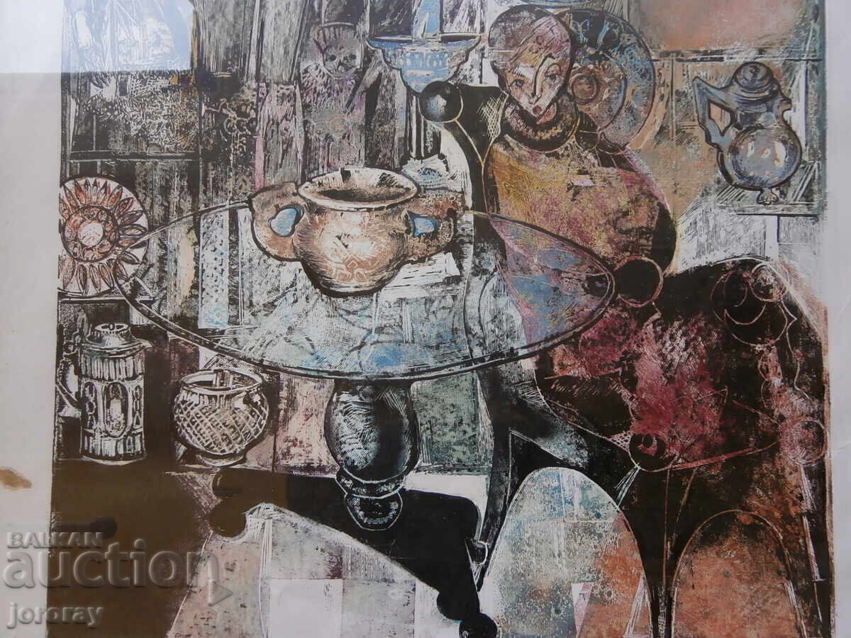 Licitație Gravură colorată pe lemn "Magazin de antichități" 62x82cm