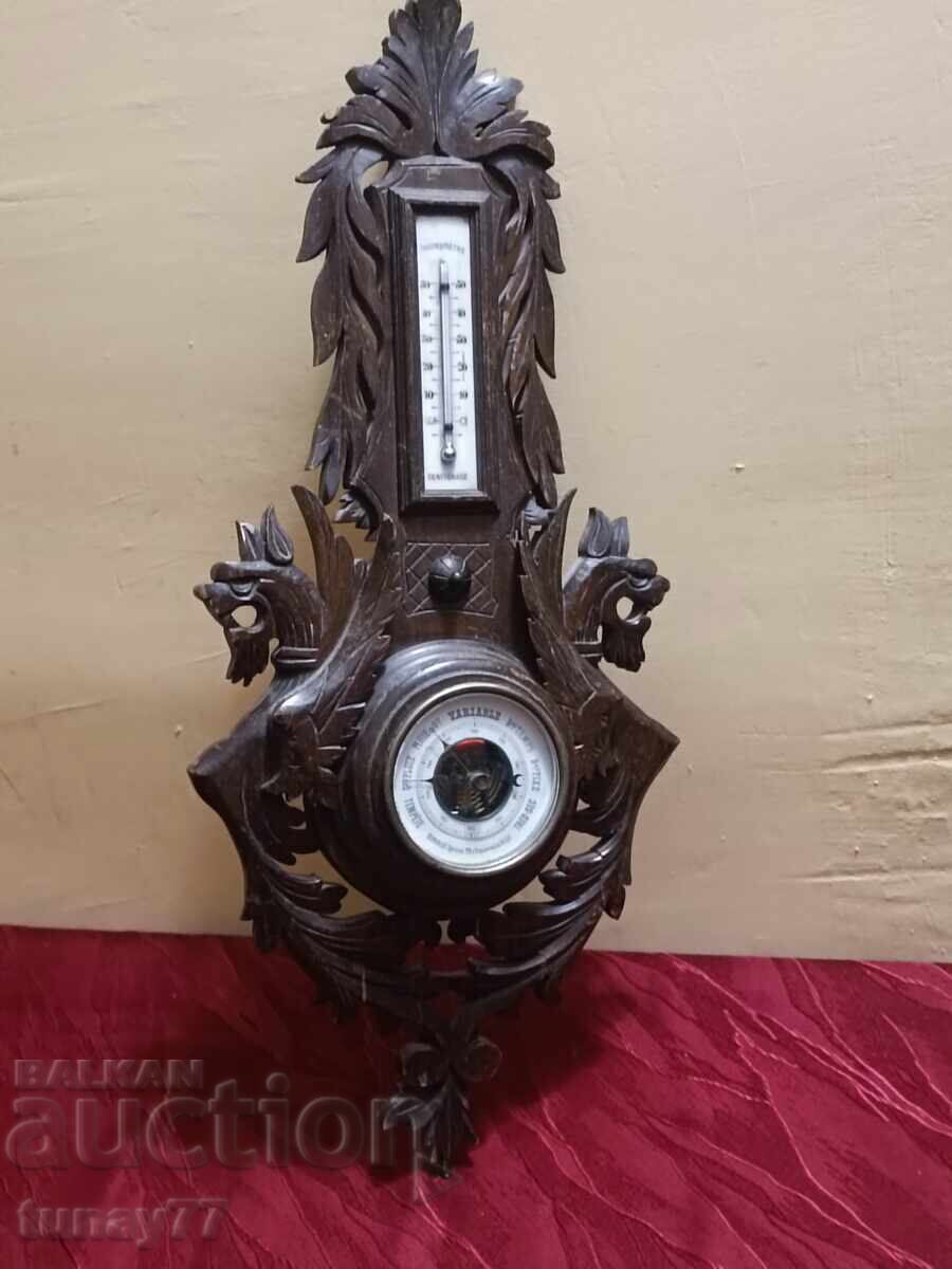 Licitație Barometru francez antic cu termometru, sculptat în lemn Licitație Barometru francez antic cu termometru, sculptat în lemn