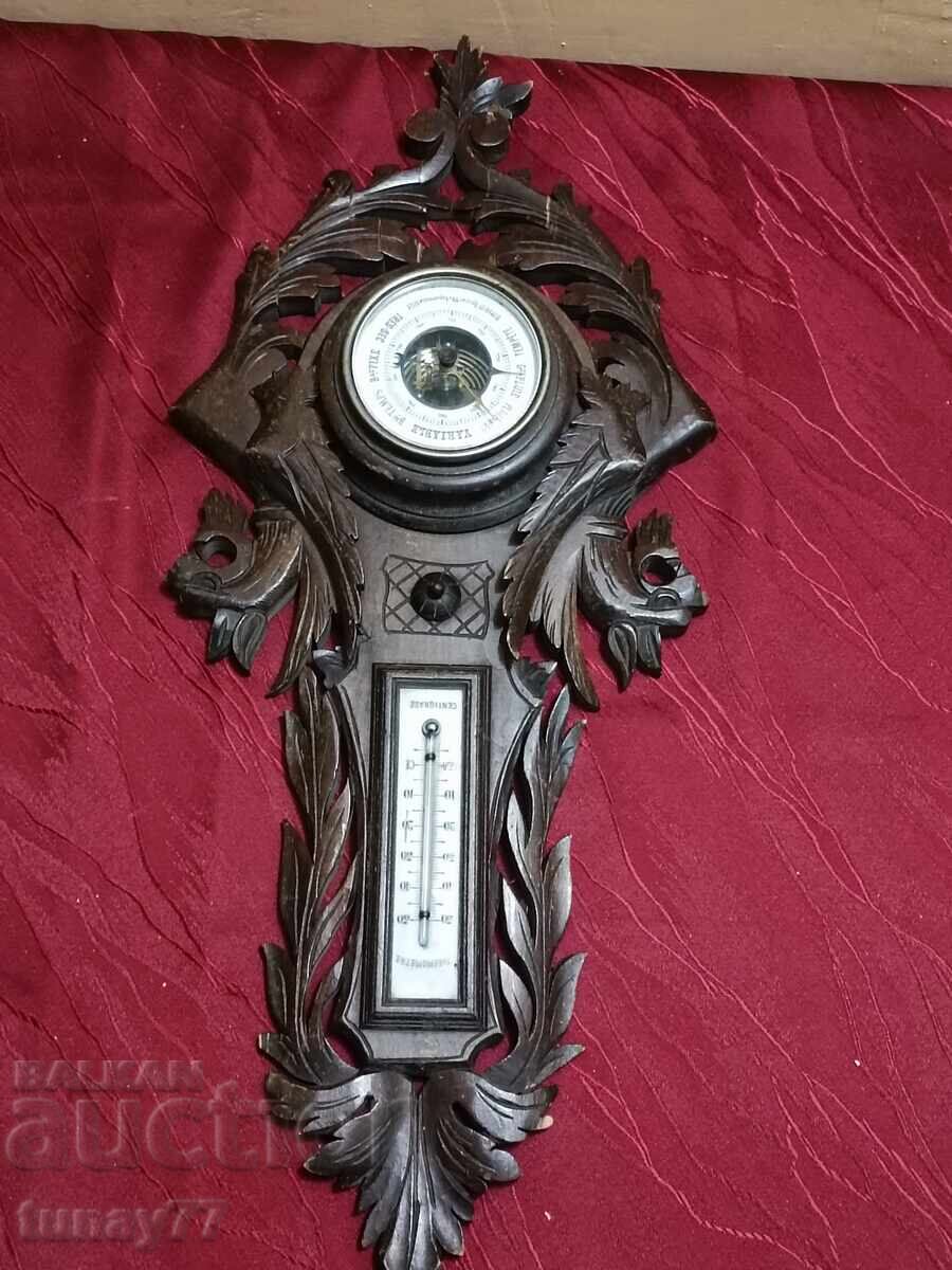 Barometru francez antic cu termometru, sculptat în lemn Barometru francez antic cu termometru, sculptat în lemn