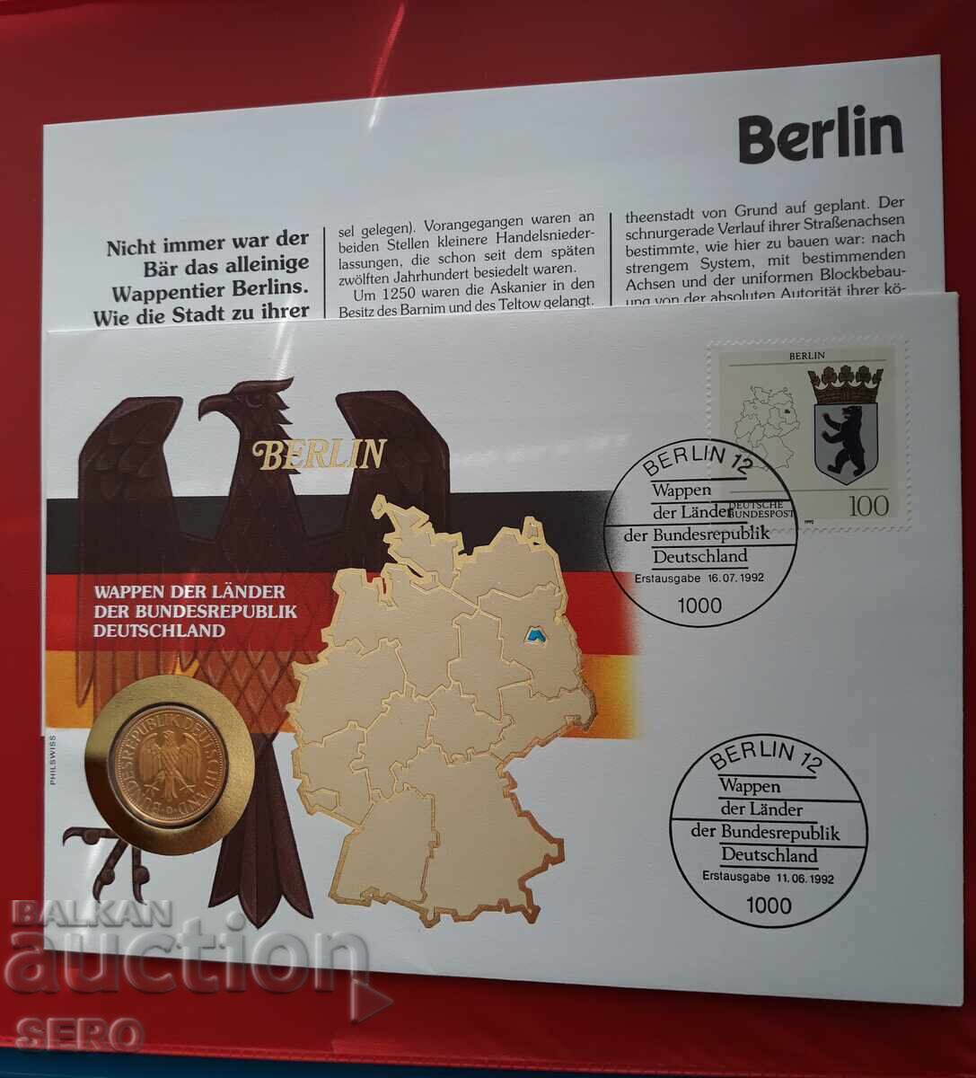 Germania - 1 marcă/aurită/ 1991 și timbru poștal în plic timbrat