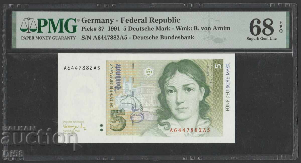 PMG 68 Γερμανία Τραπεζογραμμάτιο 5 Μάρκα 1991 μ.Χ PMG 68 Γερμανία Τραπεζογραμμάτιο 5 Μάρκα 1991 μ.Χ