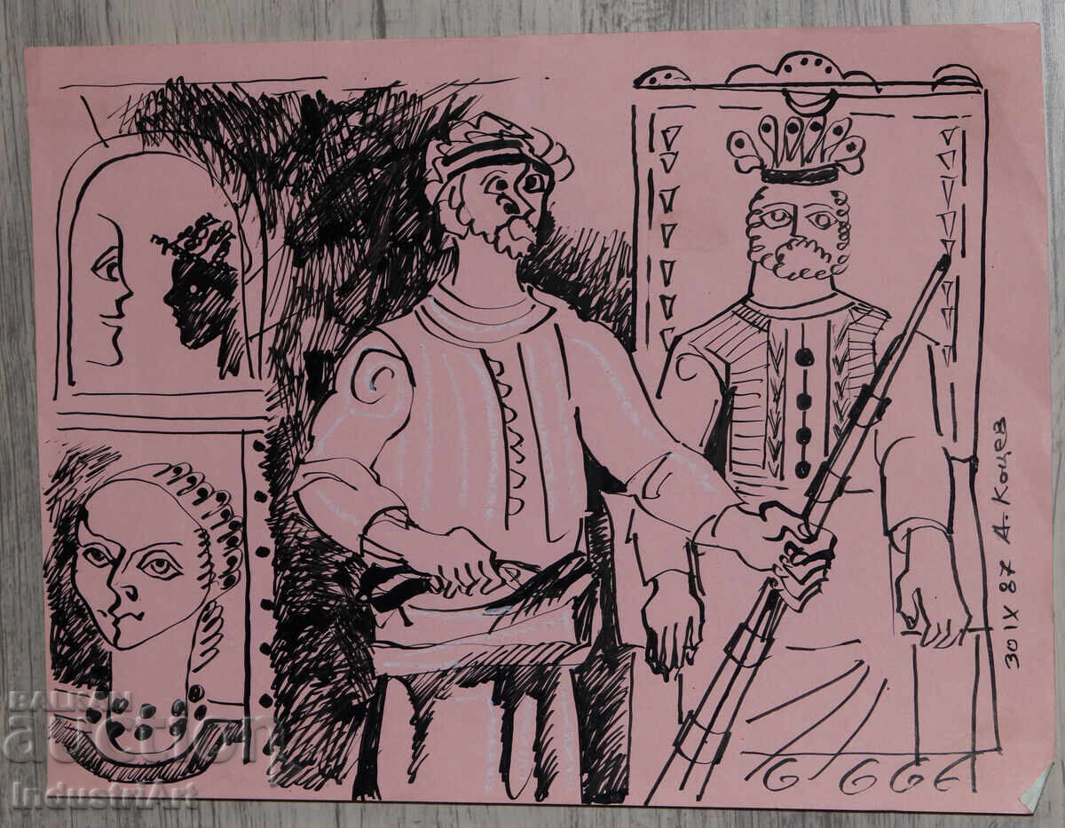 Πίνακας με μελάνι, αφηρημένη εικαστική σύνθεση, 1987 με τιμή 100.00 BGN | € 51.13