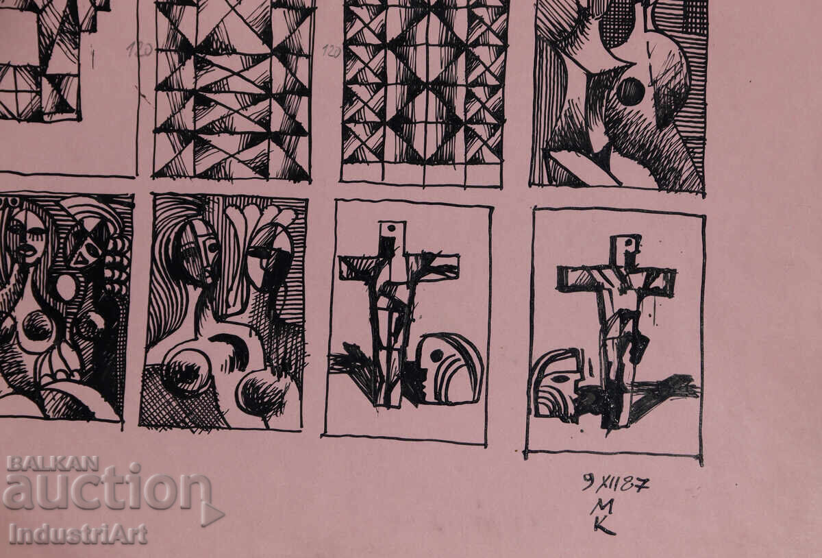 Картина туш абстрактна кубистична композиция 1987г. - 5