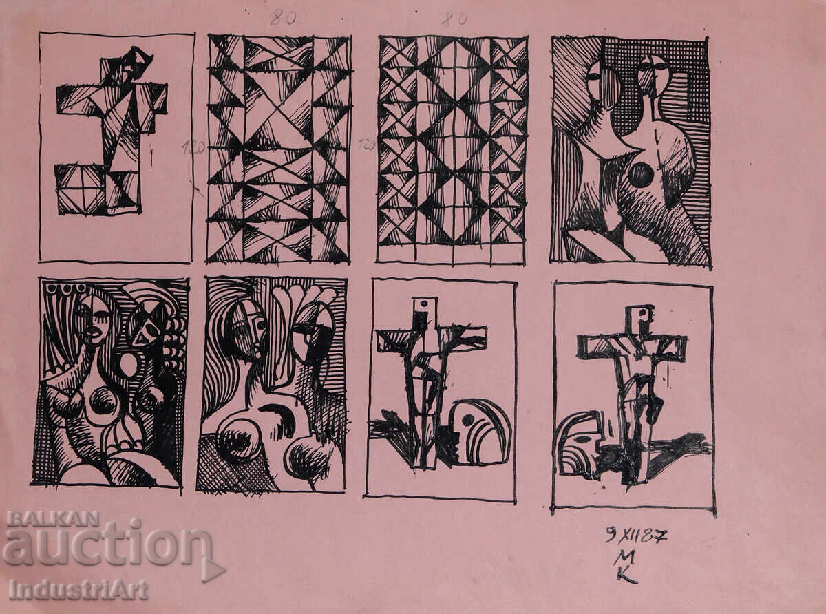Картина туш абстрактна кубистична композиция 1987г.