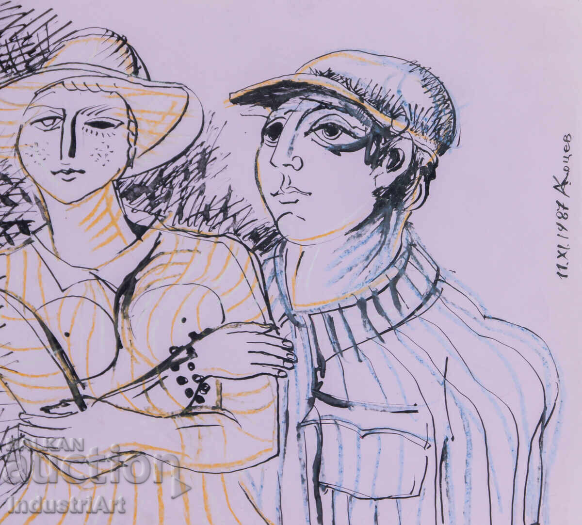 Tablou tuș compoziție abstractă figurativă 1987 - 5