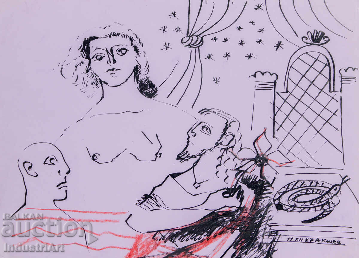 Аукцион Картина туш абстрактна фигурална композиция 1987г.