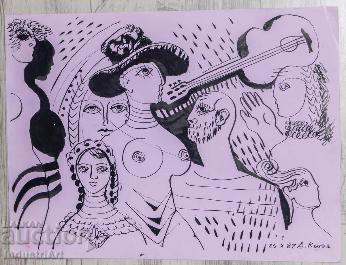 Ink painting abstract figurative composition nude body 1987 with price 100.00 BGN | € 51.13