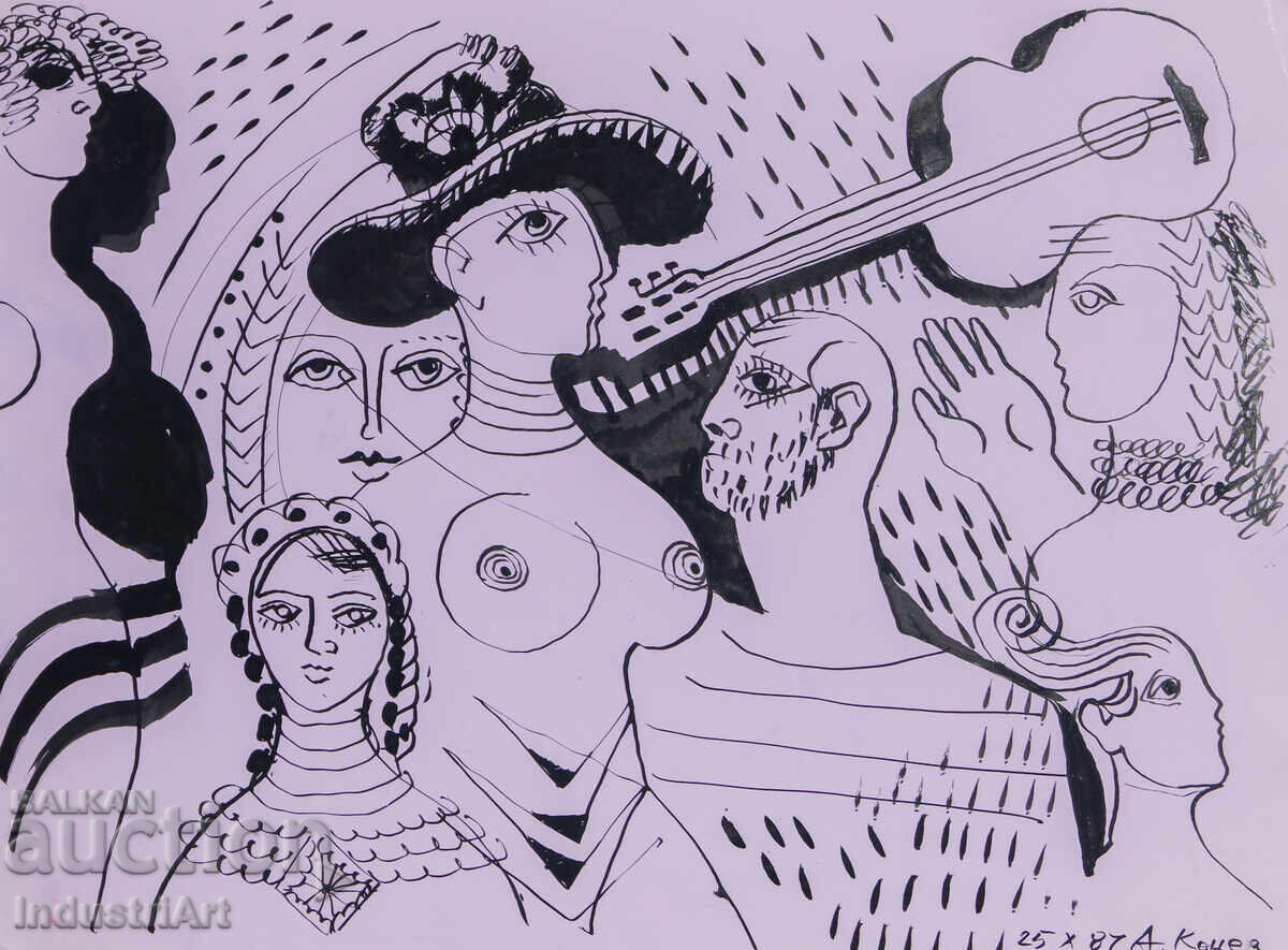 Auction  Ink painting abstract figurative composition nude body 1987