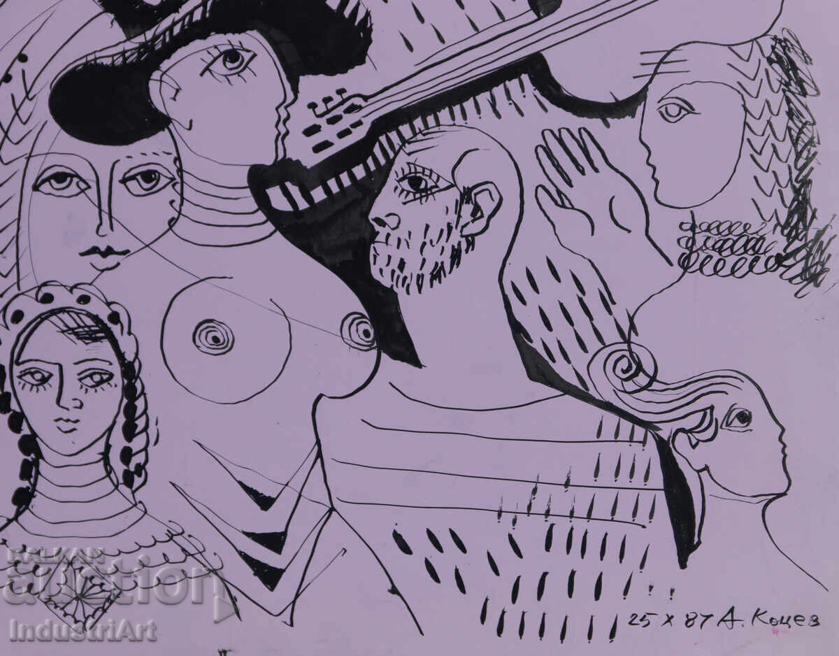 Ink painting abstract figurative composition nude body 1987 - 5