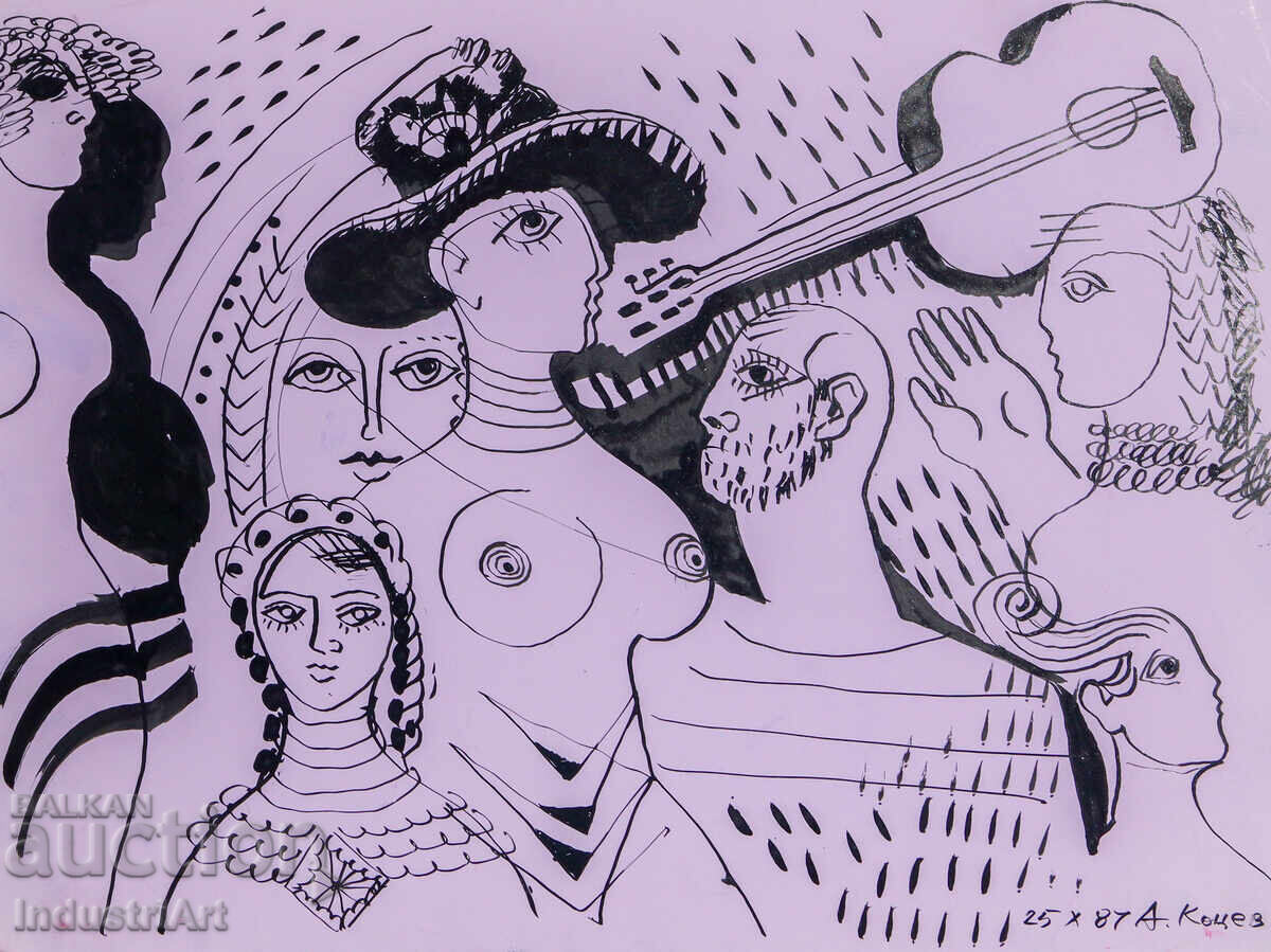 Ink painting abstract figurative composition nude body 1987