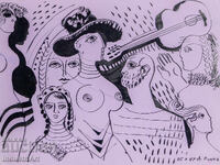 Πίνακας με μελάνι, αφηρημένη εικαστική σύνθεση, γυμνό σώμα, 1987