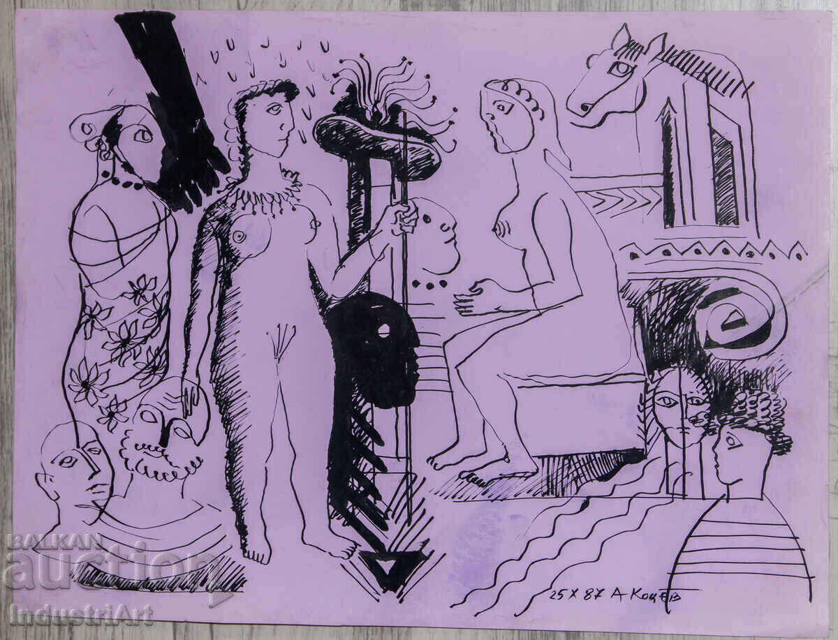 Картина туш абстрактна фигурална композиция голо тяло 1987г. с цена 100.00 лв. | € 51.13