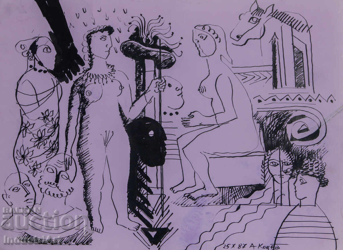 Аукцион Картина туш абстрактна фигурална композиция голо тяло 1987г.