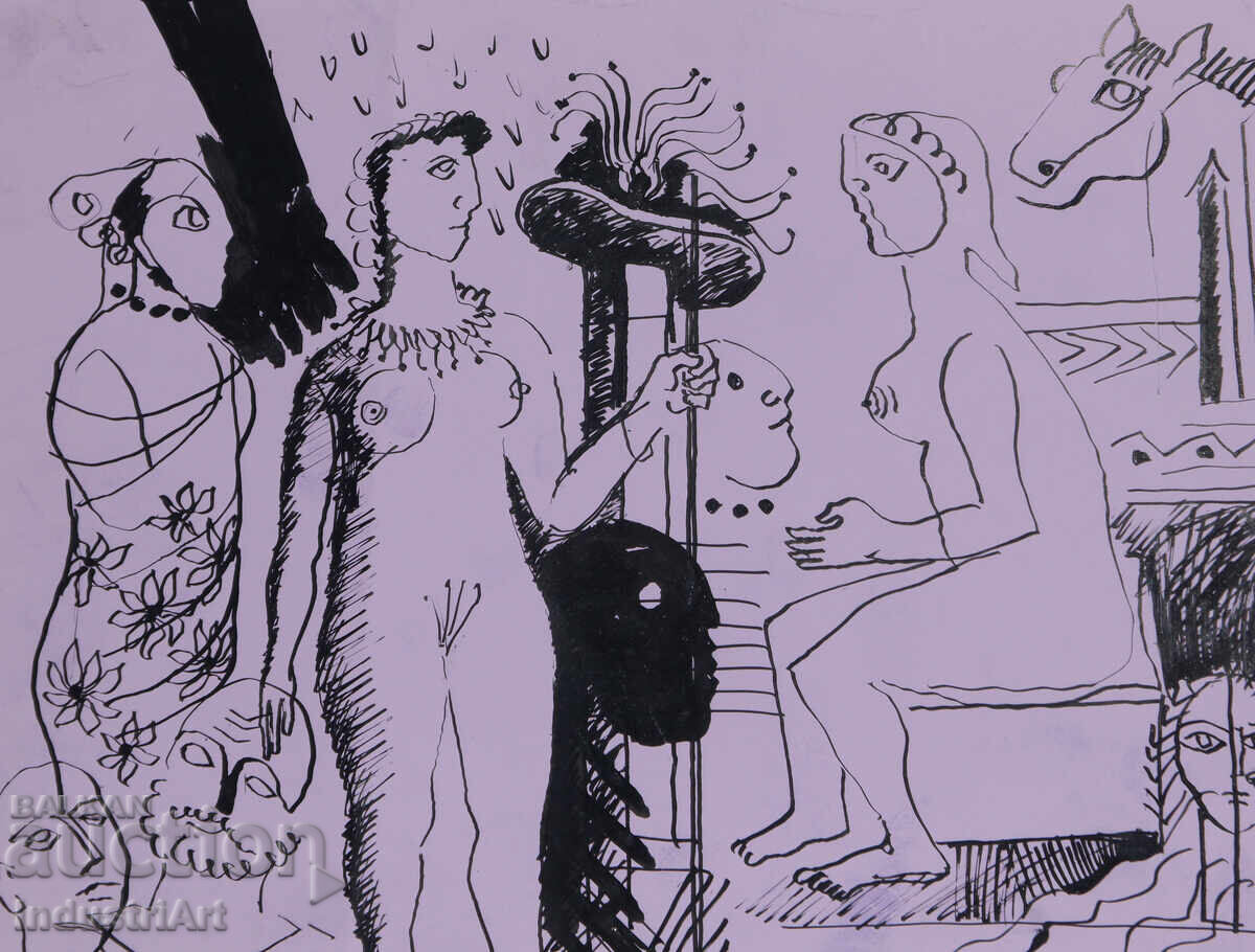 Доставка на Картина туш абстрактна фигурална композиция голо тяло 1987г.