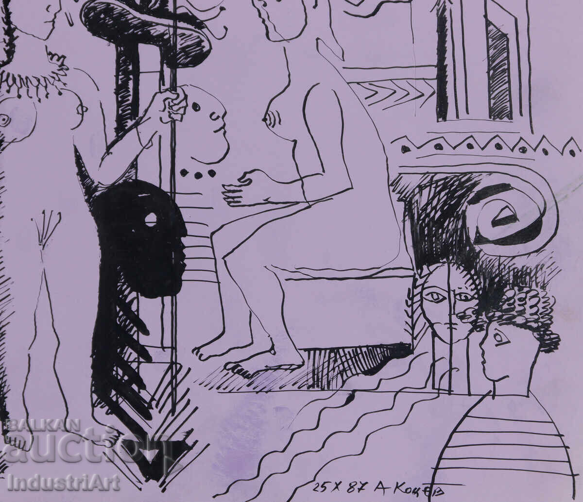Картина туш абстрактна фигурална композиция голо тяло 1987г. - 5