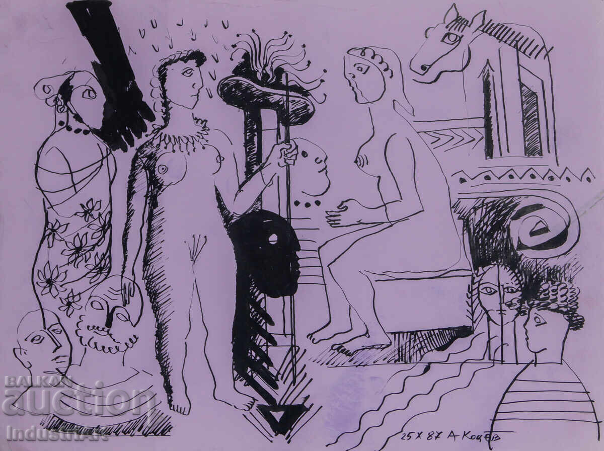 Картина туш абстрактна фигурална композиция голо тяло 1987г.