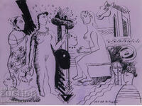 Картина туш абстрактна фигурална композиция голо тяло 1987г.