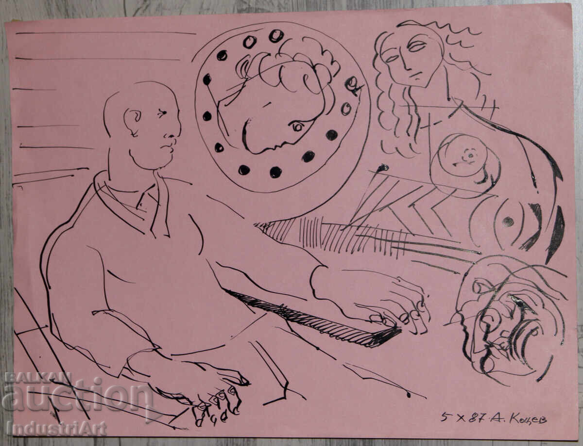 Картина туш абстрактна фигурална композиция 1987г. с цена 100.00 лв. | € 51.13