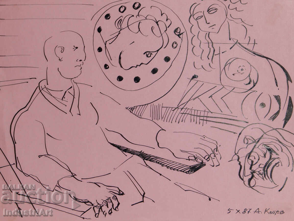 Аукцион Картина туш абстрактна фигурална композиция 1987г.