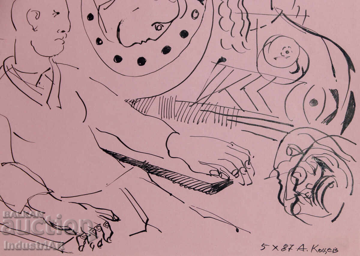 Картина туш абстрактна фигурална композиция 1987г. - 5