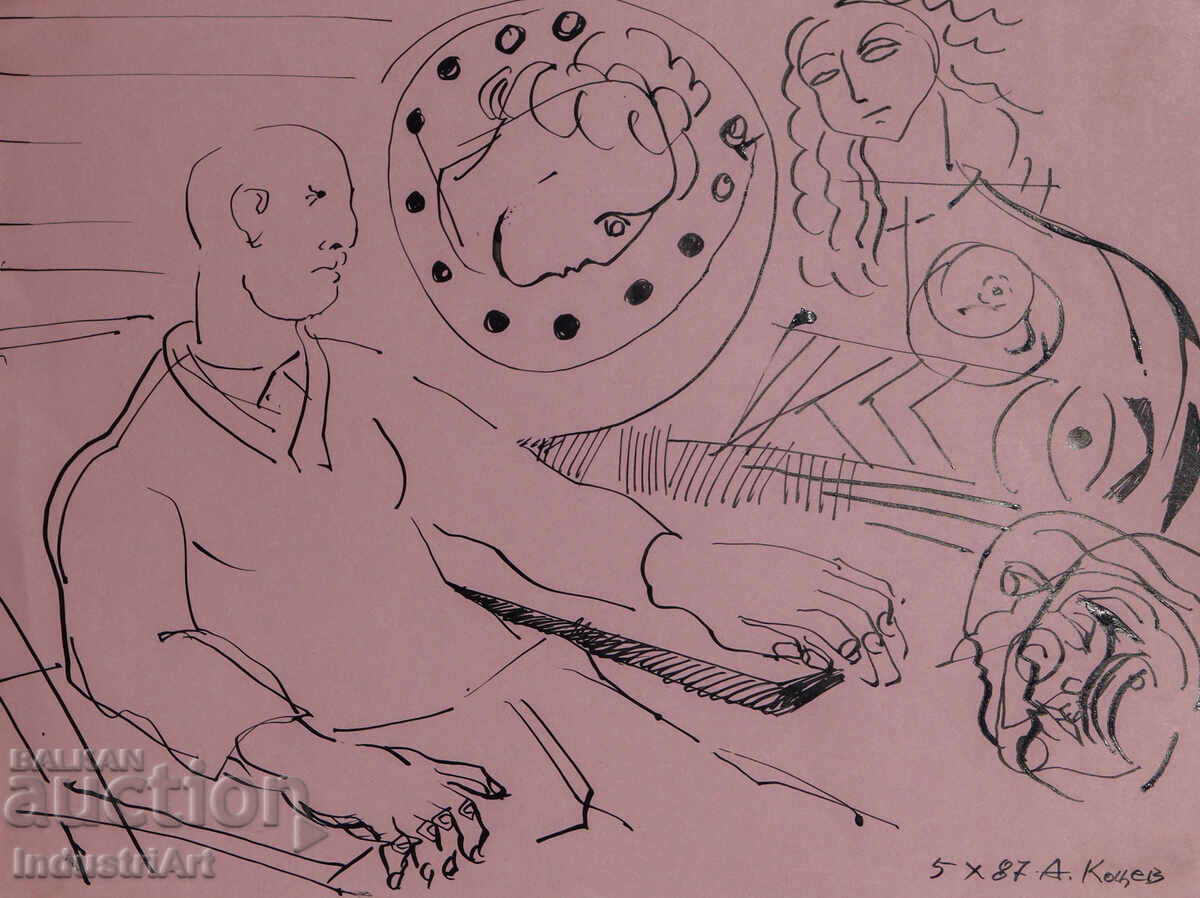 Картина туш абстрактна фигурална композиция 1987г.