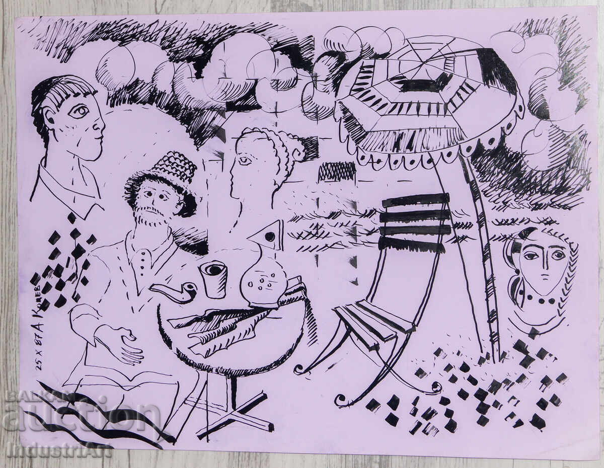 Ink painting abstract figurative composition 1987 with price 100.00 BGN | € 51.13