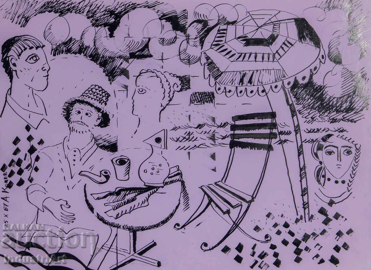 Auction  Ink painting abstract figurative composition 1987