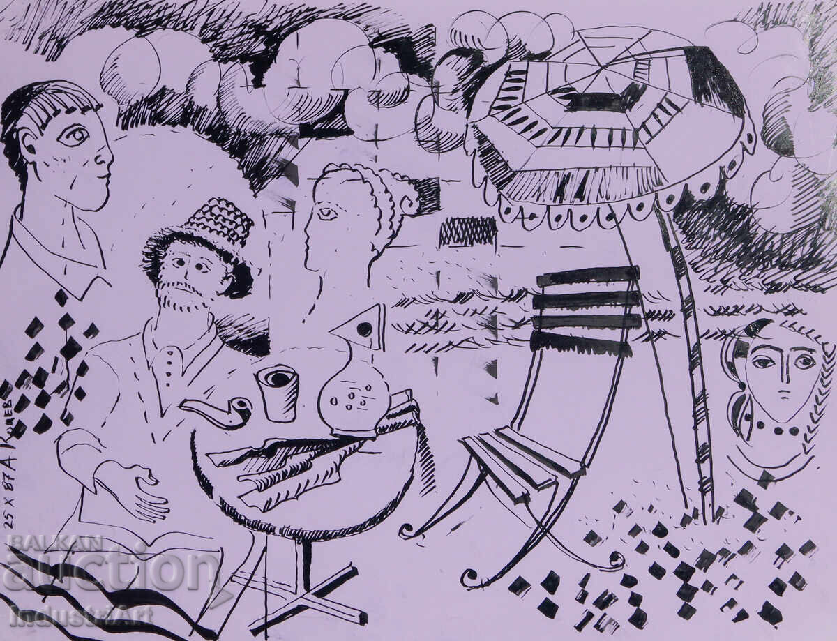 Ink painting abstract figurative composition 1987