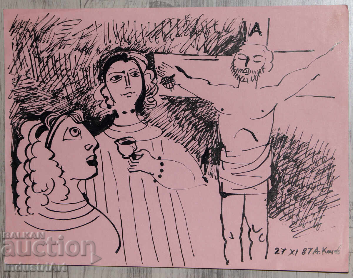 Πίνακας με μελάνι, αφηρημένη εικαστική σύνθεση, 1987 με τιμή 100.00 BGN | € 51.13