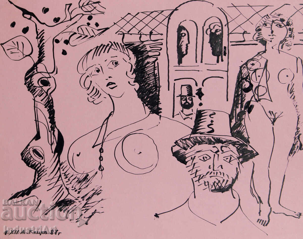 Картина туш абстрактна фигурална композиция голи тела 1987г. - 5 Картина туш абстрактна фигурална композиция голи тела 1987г. - 5