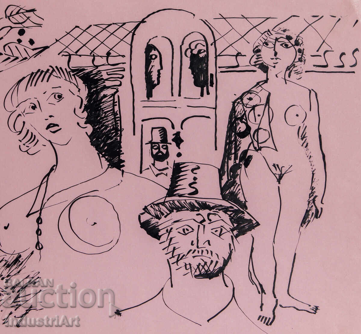 Картина туш абстрактна фигурална композиция голи тела 1987г. - 6 Картина туш абстрактна фигурална композиция голи тела 1987г. - 6