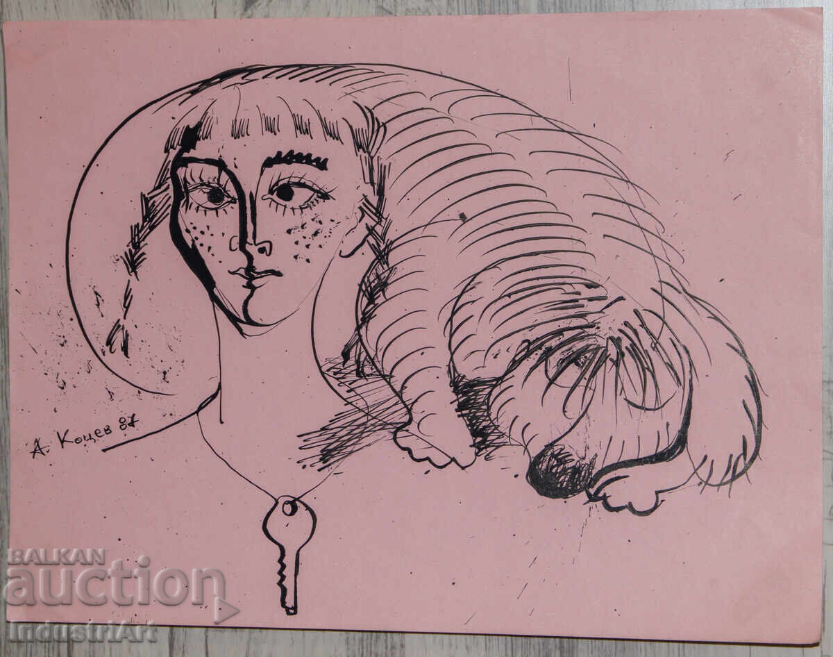 Картина туш абстрактна фигурална композиция портрет 1987г. с цена 100.00 лв. | € 51.13