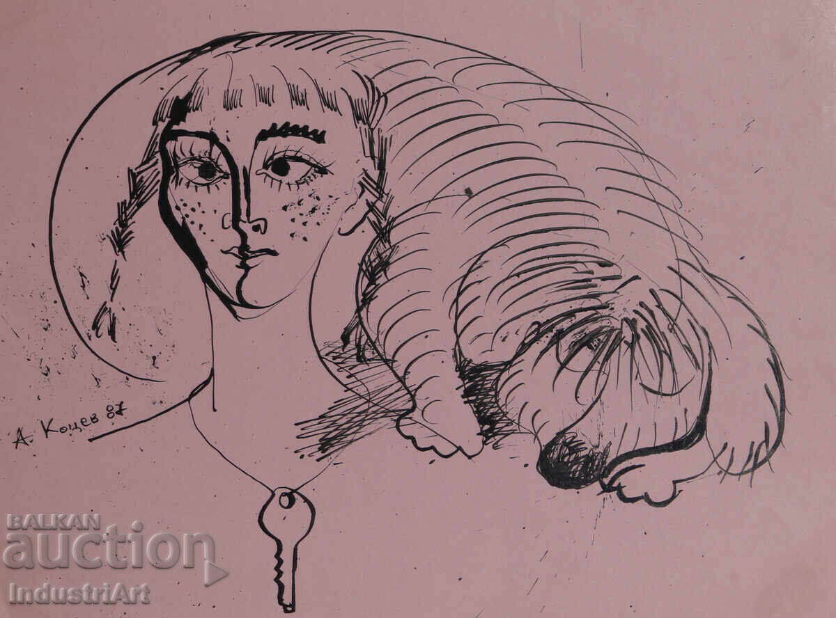 Аукцион Картина туш абстрактна фигурална композиция портрет 1987г.