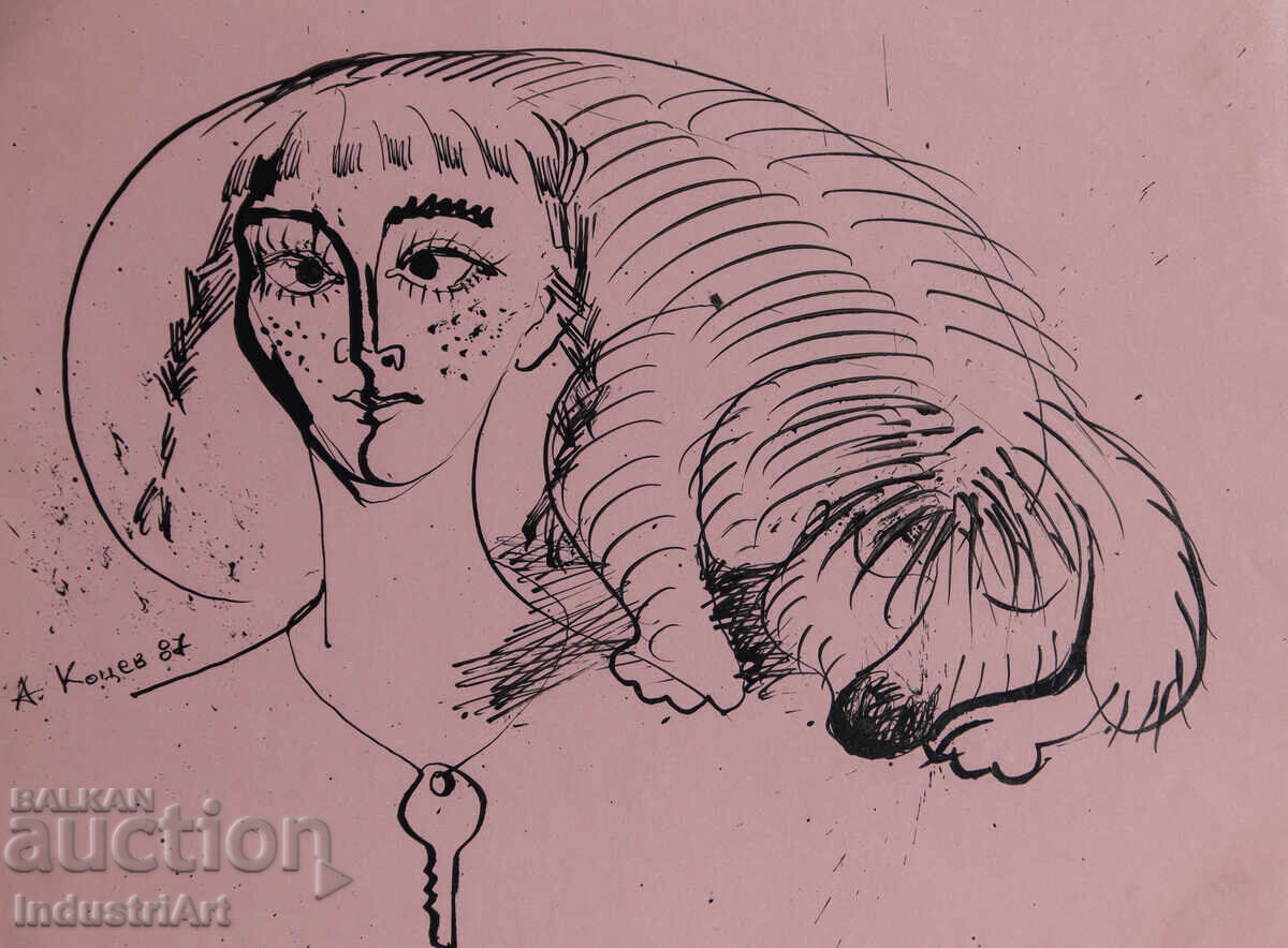 Картина туш абстрактна фигурална композиция портрет 1987г. - 5