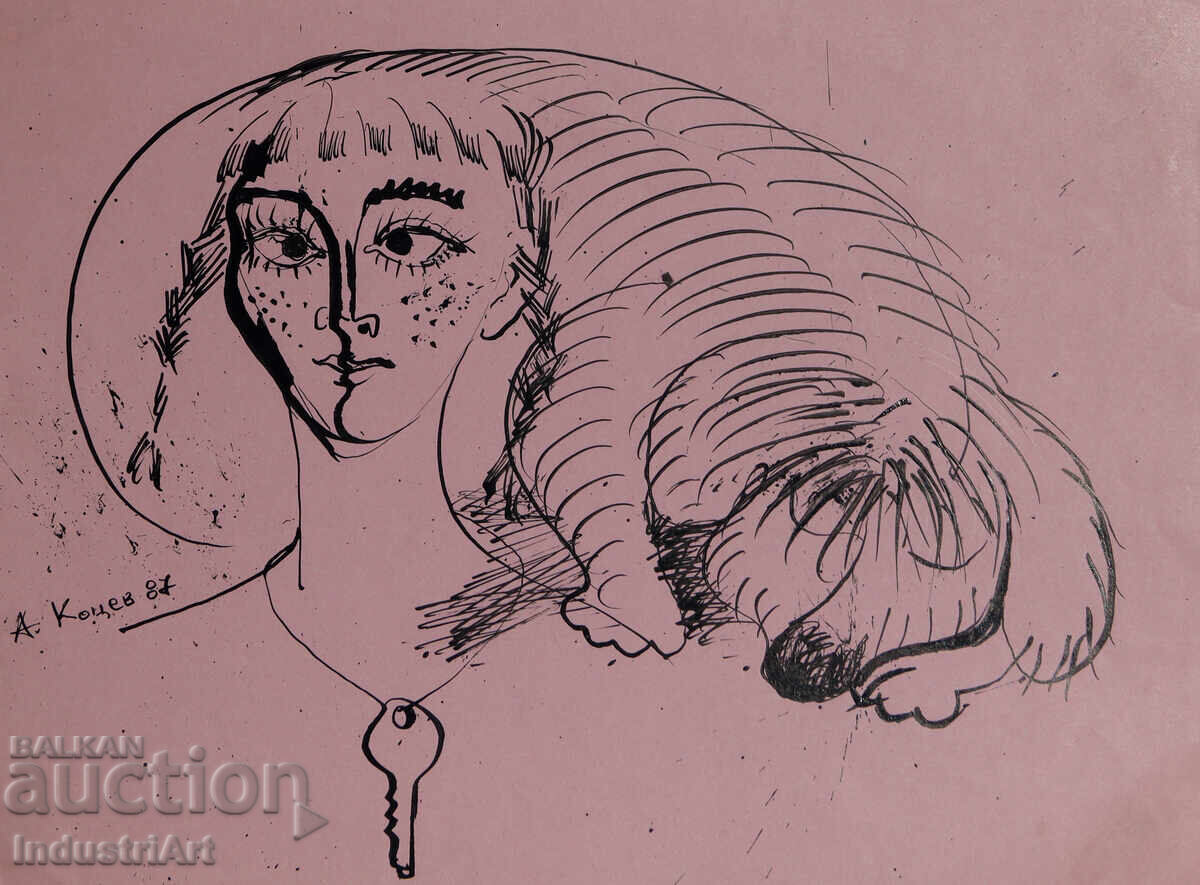 Картина туш абстрактна фигурална композиция портрет 1987г.